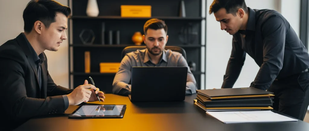 Three businessmen review documents and a laptop at a conference table in an office.