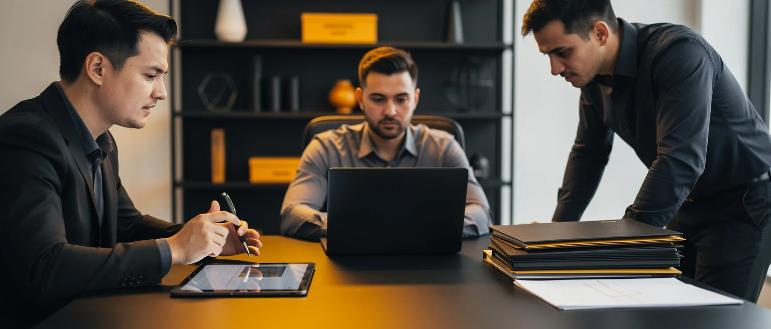 Three businessmen review documents and a laptop at a conference table in an office.