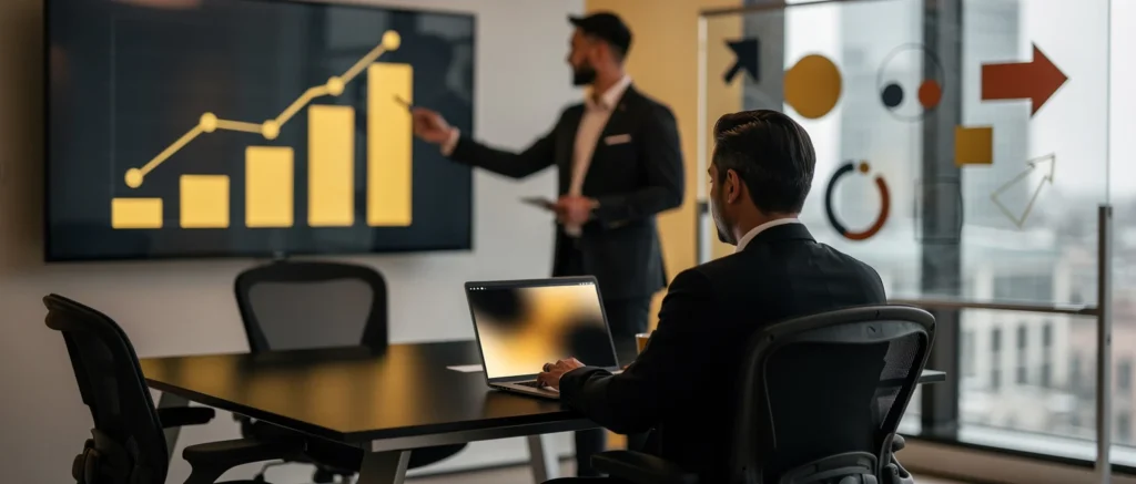 Businessman seated at table with laptop watches presenter point to upward trending bar chart on screen during office meeting.