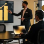 Businessman seated at table with laptop watches presenter point to upward trending bar chart on screen during office meeting.