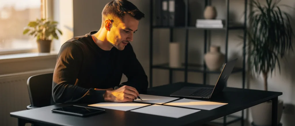 Man in black shirt writing on paper at desk with laptop and smartphone in sunlit office.