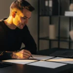 Man in black shirt writing on paper at desk with laptop and smartphone in sunlit office.
