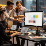 Design team reviewing color palettes and layouts on a monitor in a modern office with city views.