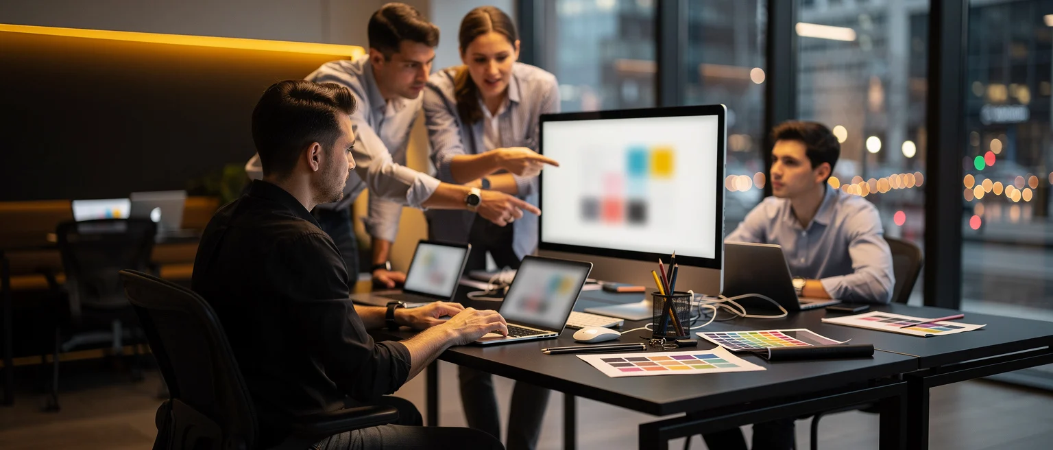 Design team reviewing color palettes and layouts on a monitor in a modern office with city views.
