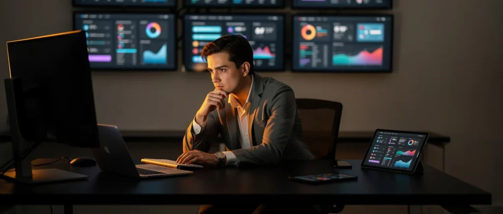 Analyst in business suit at desk reviewing data dashboards on multiple monitors and tablet.