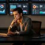 Analyst in business suit at desk reviewing data dashboards on multiple monitors and tablet.