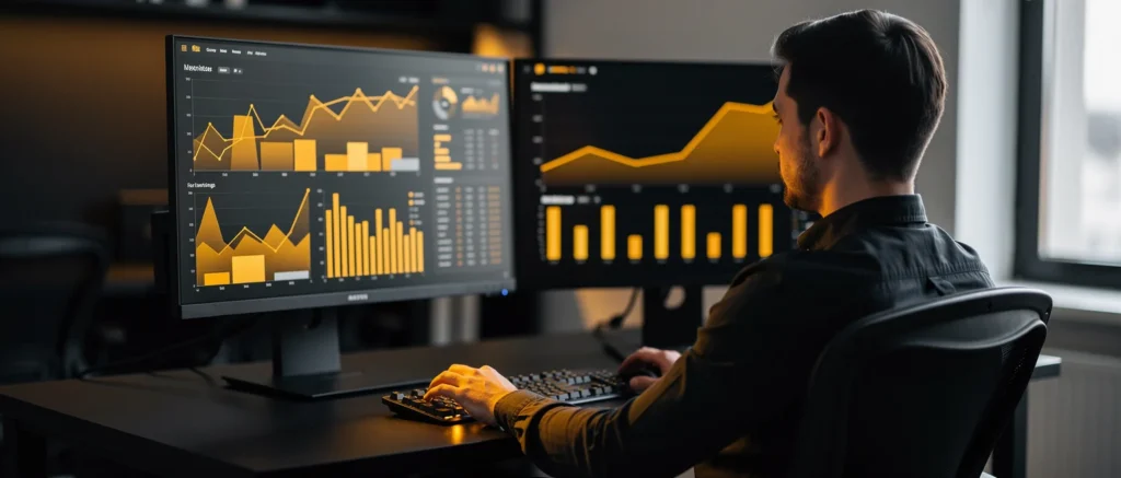 Man analyzing financial data and charts displayed on dual computer monitors in an office.