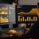 Man analyzing financial data and charts displayed on dual computer monitors in an office.