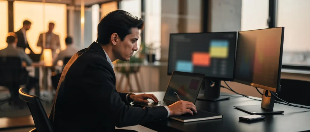 Man in business suit working at desk with laptop and monitors in modern office with colleagues in background.