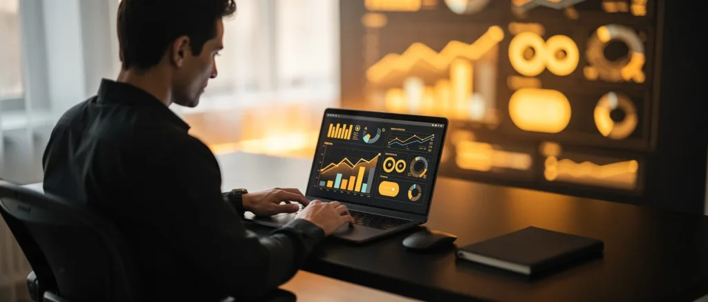 Man working on laptop displaying data analytics dashboard with charts and graphs in an office at night.