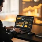 Man working on laptop displaying data analytics dashboard with charts and graphs in an office at night.
