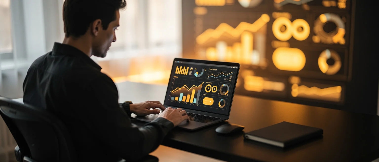 Man working on laptop displaying data analytics dashboard with charts and graphs in an office at night.