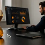 Hourglass on a desk with a man working at a computer displaying data charts in the background.