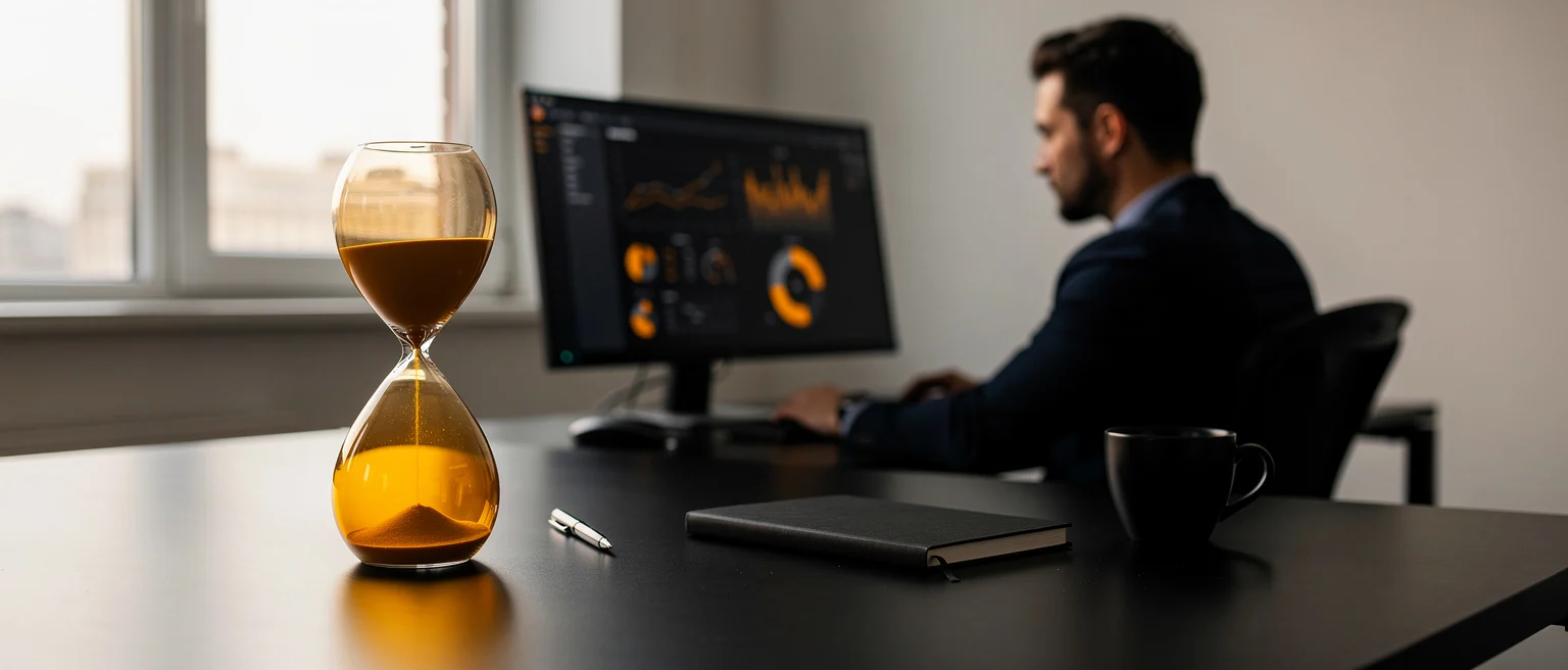 Hourglass on a desk with a man working at a computer displaying data charts in the background.