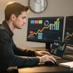 Man working at desk with laptop and dual monitors displaying financial charts and data analytics.