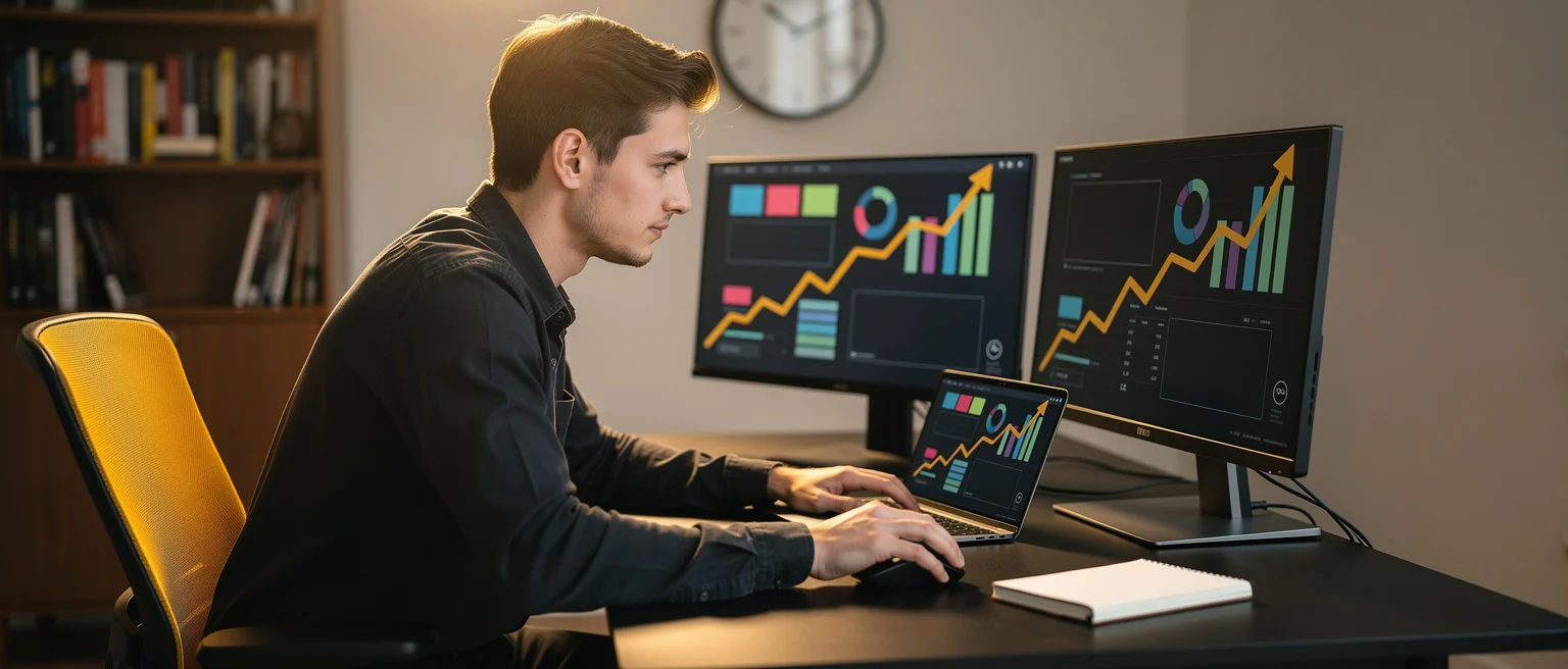 Man working at desk with laptop and dual monitors displaying financial charts and data analytics.