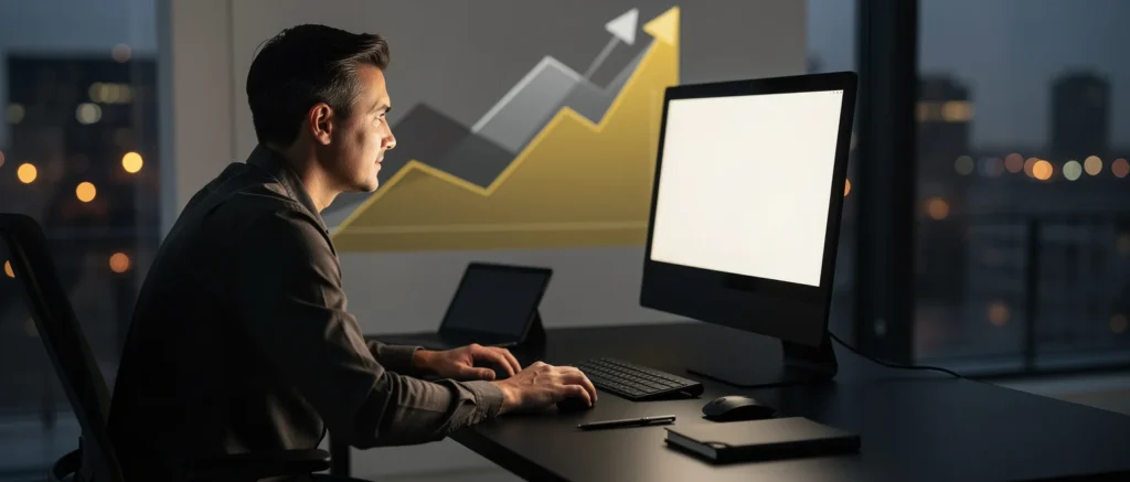 Man at desk working on computer with upward trending chart graphic displayed on wall behind him.