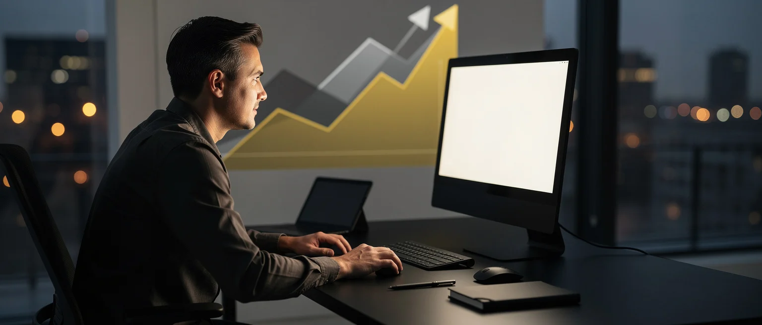 Man at desk working on computer with upward trending chart graphic displayed on wall behind him.