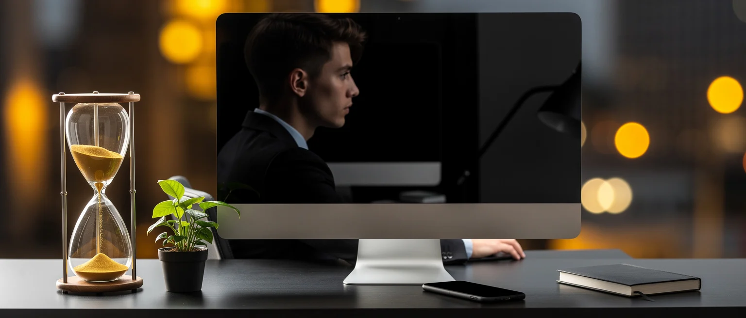 Man in business attire sits at desk with hourglass, plant, and computer monitor against blurred city lights background.