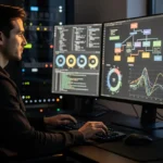 Man at desk working on multiple monitors displaying data visualizations, charts, and system diagrams in a darkened office.
