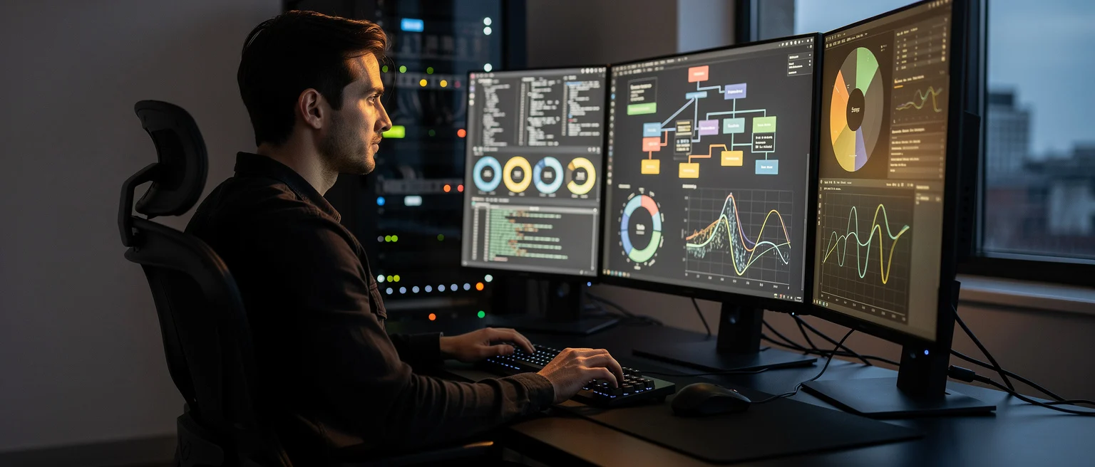 Man at desk working on multiple monitors displaying data visualizations, charts, and system diagrams in a darkened office.