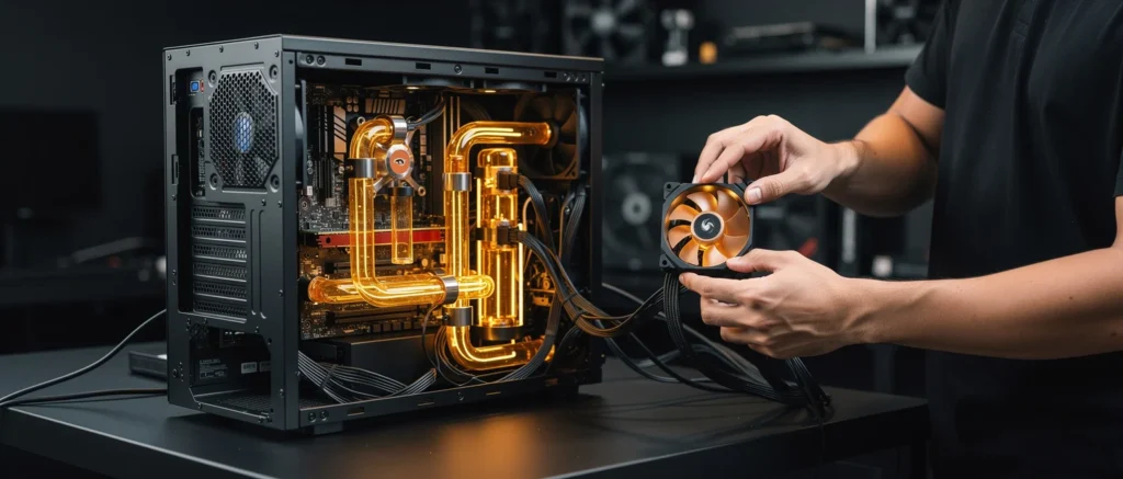 Technician holding a computer cooling fan next to an open PC case with illuminated copper cooling pipes inside.
