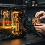 Technician holding a computer cooling fan next to an open PC case with illuminated copper cooling pipes inside.
