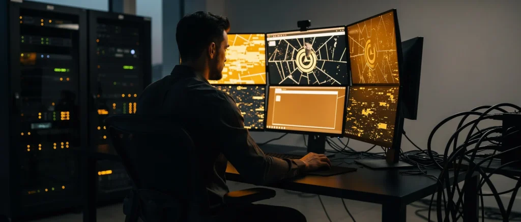 Man monitoring multiple screens with network diagrams and data visualizations in a control room.