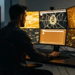 Man monitoring multiple screens with network diagrams and data visualizations in a control room.