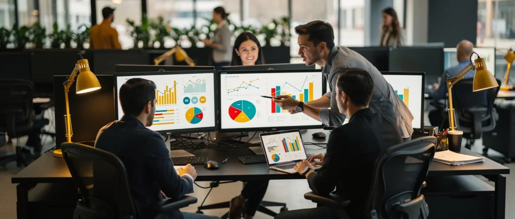 Business team analyzing data charts and graphs on multiple monitors at a desk in a modern office.