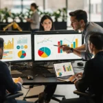 Business team analyzing data charts and graphs on multiple monitors at a desk in a modern office.