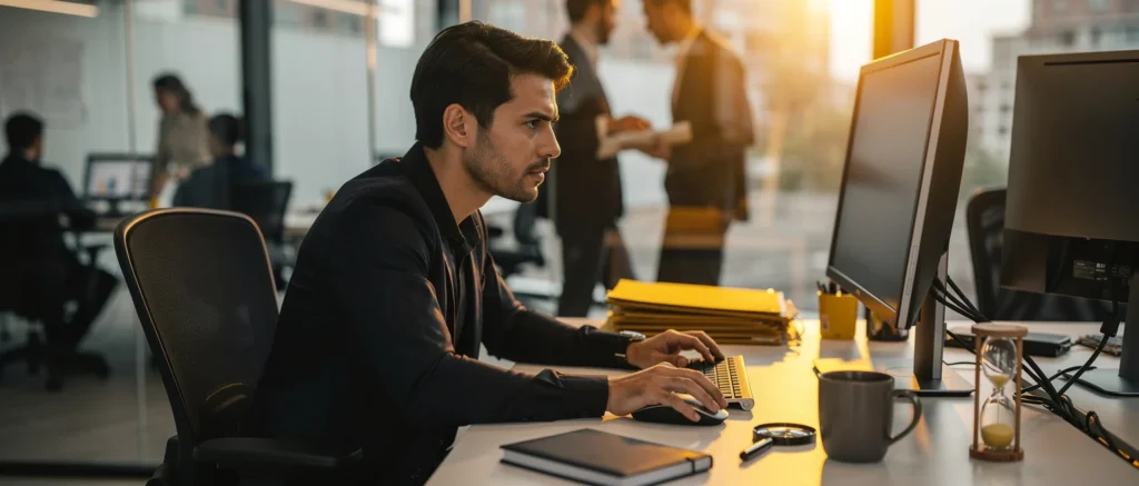 Man working at computer in bright office with colleagues in background.