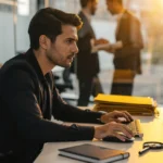 Man working at computer in bright office with colleagues in background.