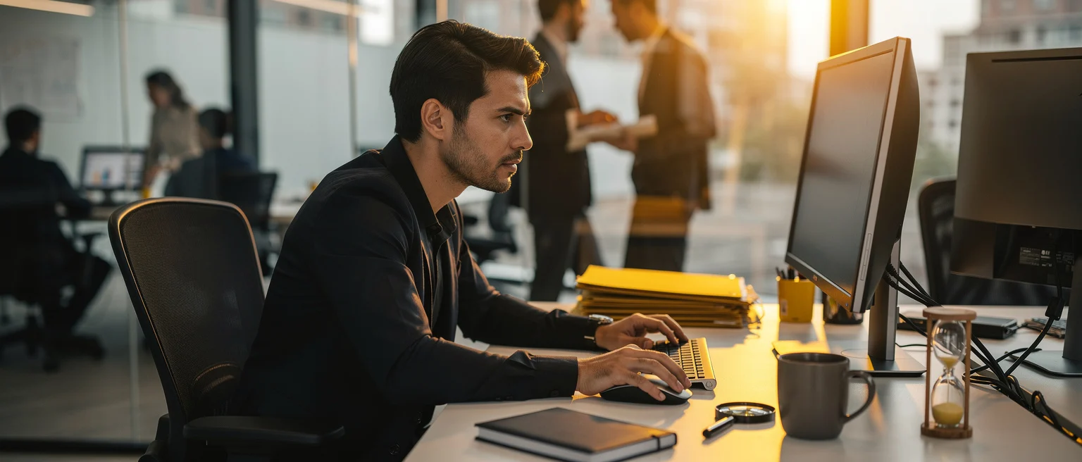 Man working at computer in bright office with colleagues in background.