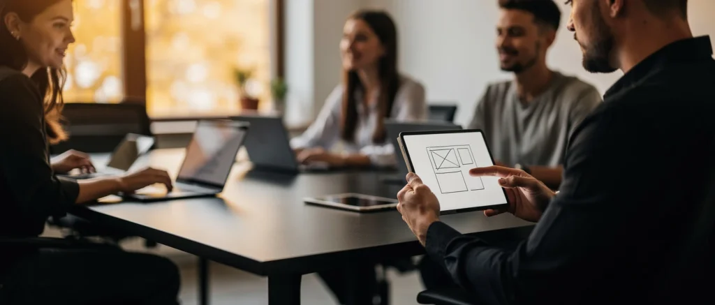 Man holds tablet showing wireframe design while meeting with four colleagues at a conference table.