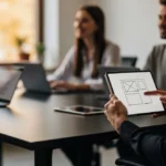 Man holds tablet showing wireframe design while meeting with four colleagues at a conference table.