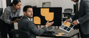 Business team reviewing brand identity design with colour swatches and logo on monitor display