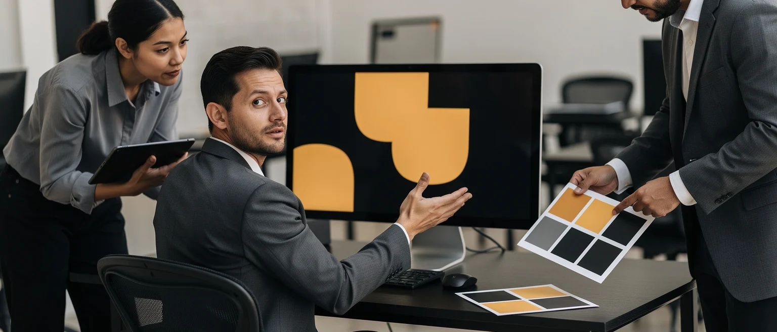 Business team reviewing brand identity design with colour swatches and logo on monitor display