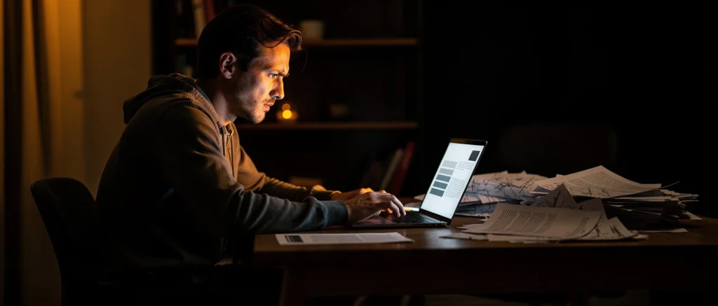 Man working on laptop at desk surrounded by papers at night.