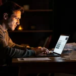 Man working on laptop at desk surrounded by papers at night.