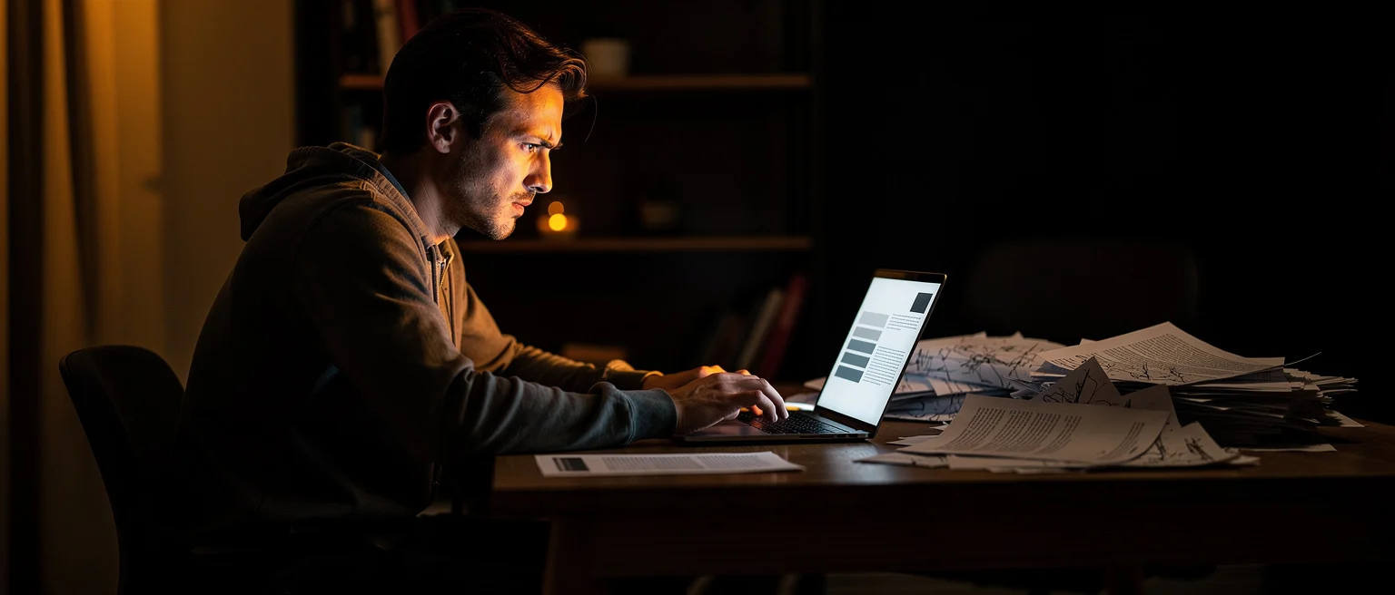Man working on laptop at desk surrounded by papers at night.