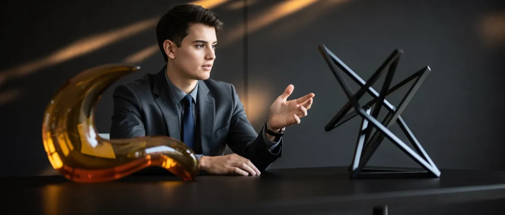 Young man in business suit gesturing while seated at table with geometric objects and amber lighting.