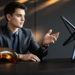 Young man in business suit gesturing while seated at table with geometric objects and amber lighting.