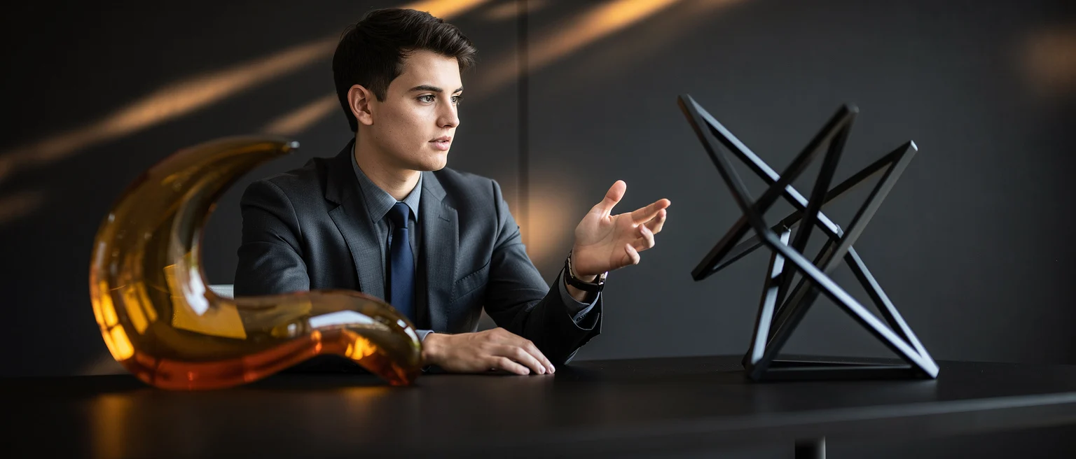 Young man in business suit gesturing while seated at table with geometric objects and amber lighting.
