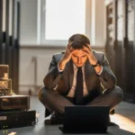 Stressed man in business suit squatting while holding head, working on laptop surrounded by server equipment in data center.