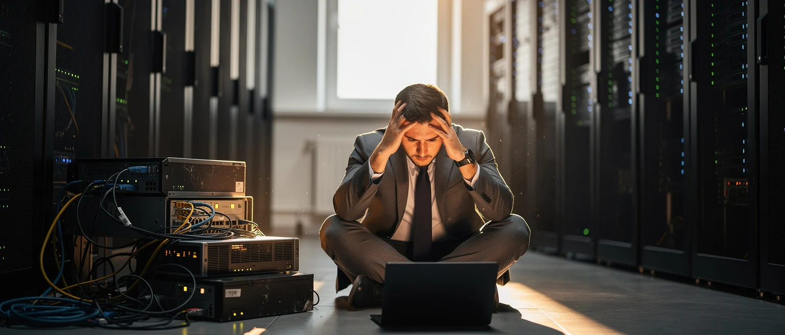 Stressed man in business suit squatting while holding head, working on laptop surrounded by server equipment in data center.
