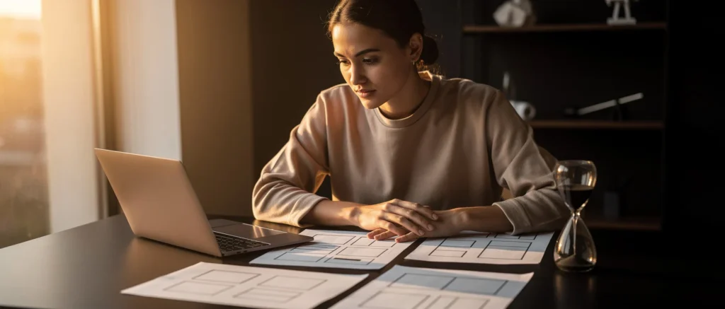 Woman reviewing wireframe layouts and using a laptop at a desk in natural sunlight.