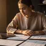 Woman reviewing wireframe layouts and using a laptop at a desk in natural sunlight.