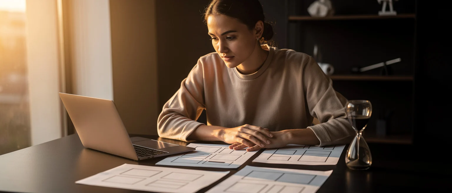 Woman reviewing wireframe layouts and using a laptop at a desk in natural sunlight.