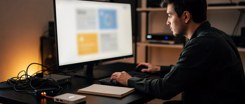 Man typing at keyboard while viewing a monitor displaying a layout with blue and yellow design elements.